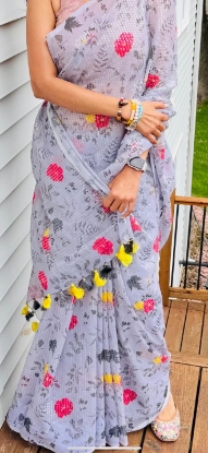 Picture of Grey floral  premium sequins material saree with 2 complemented blouses