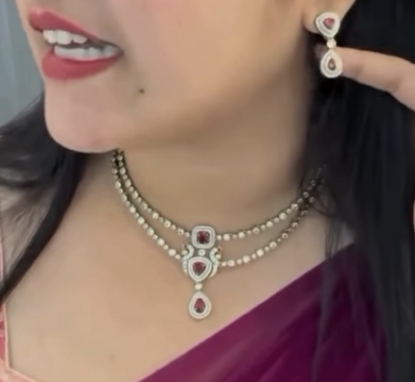 Picture of Diamond look alike stylish ruby neckset with earrings