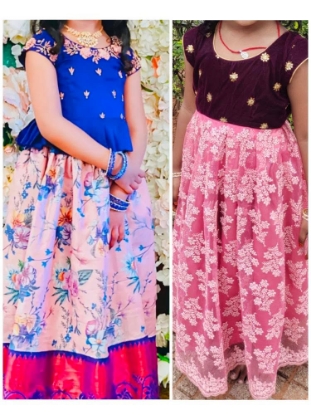 Picture of Pattu silk langa blouse and fancy frock combo 2-4y