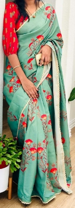 Picture of Beautiful floral saree with boutique stitched balloon sleeves