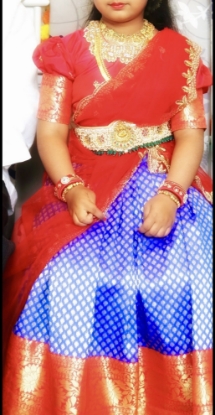 Picture of Girls benaras lehanga voni with heavy maggam work on pattu blouse 6-8y