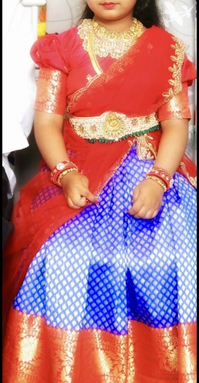 Picture of Girls benaras lehanga voni with heavy maggam work on pattu blouse 6-8y