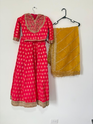 Picture of Yellow and Pink Party Wear Lehenga with Work