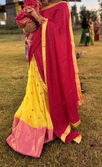 Picture of Yellow pink chanderi lehanga 