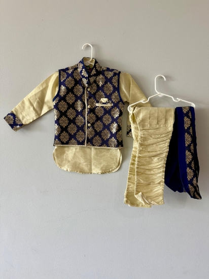 Picture of Elegant Cream & Blue Boys Kurta Set 2-3y