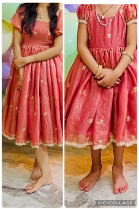 Picture of Tissue organza embroidered mom(32) and daughter(1-2) party wear dresses