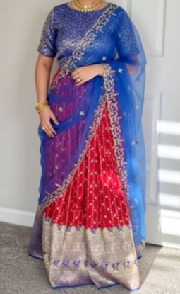 Picture of Red and blue soft benaras lehenga