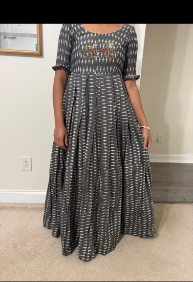 Picture of Grey khadi cotton ikkath print long dress