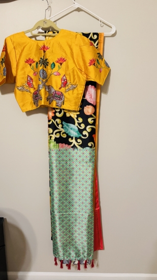 Picture of Lotus semi pattu saree with heavy kalamkari blouse