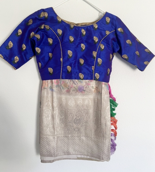 Picture of Semi banaras saree with purple work blouse