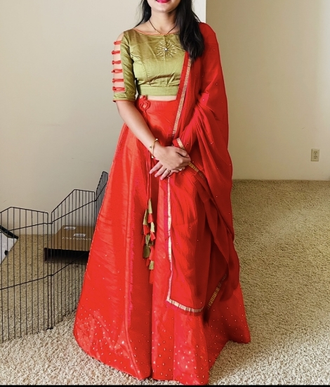 Picture of Red and olive green crop top lehenga 