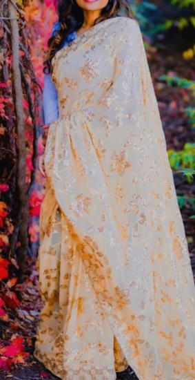 Picture of Beautiful Gold  sequins saree paired  with 2custom stitched sleeveless  blouse
