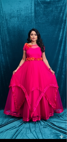 Picture of Designer Hot pink organza  indo western Layered long gown 