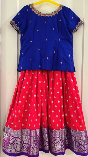 Picture of Rose pink raw silk lehanga with venkatagiri border 6-7y