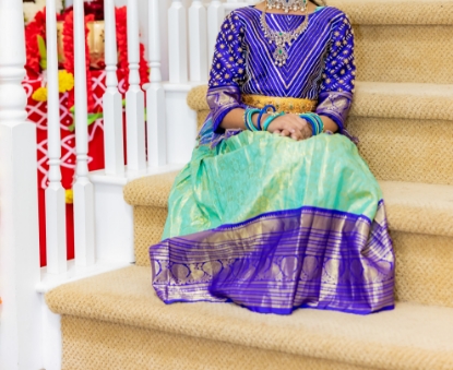 Picture of Blue kanjeevaram lehanga with heavy zardosi work 4-5y 