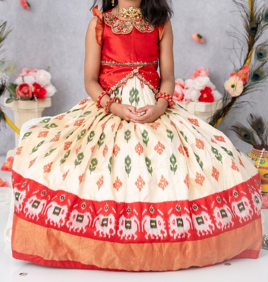 Picture of Red and ivory coloured pure Ikkat lehanga 4-6 years