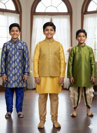 Picture of Set of 3 -Kurtha and Dhothi set-For 8-10year boys