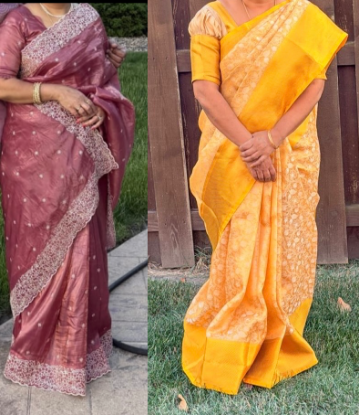Picture of Pastel red crush tissue saree and Banarasi soft golden saree combo