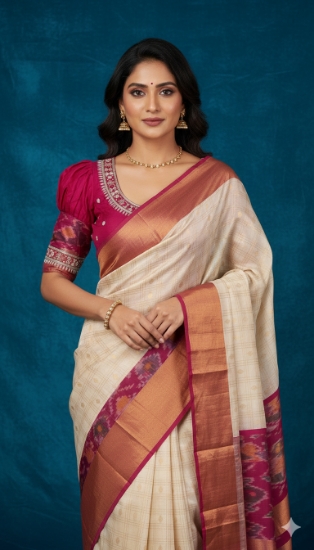 Picture of Beige white Ikkat Saree with Pink Border