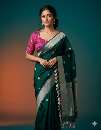 Picture of Uppada Green Pattu Saree with contrast blouse