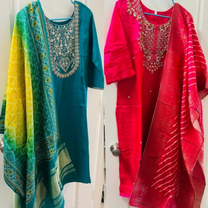 Picture of Two beautiful dresses Peacock  blue Dress and pink dress lehariya duppatta