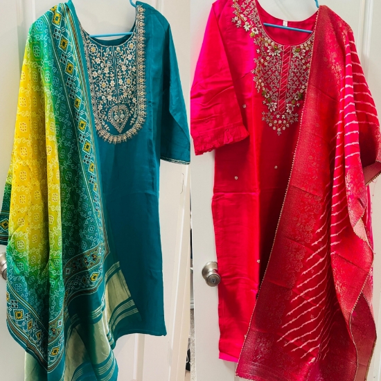 Picture of Two beautiful dresses Peacock  blue Dress and pink dress lehariya duppatta