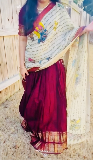 Picture of Kanchi silk cotton Lehanga with ramayanam written dupatta