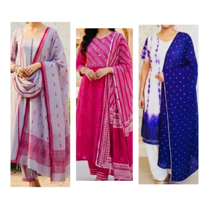 Picture of Triple Combo : Pure Cotton : 3 Pc Kurthi Sets 