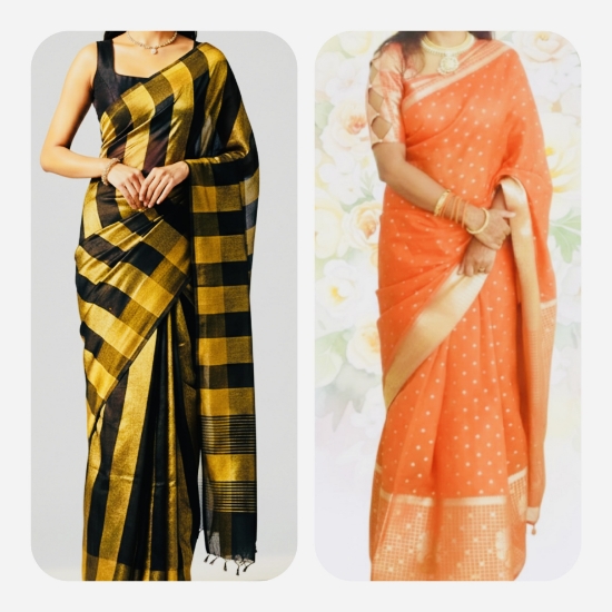 Picture of Combo : Black chanderi & Orange Kanchi pattu sarees 