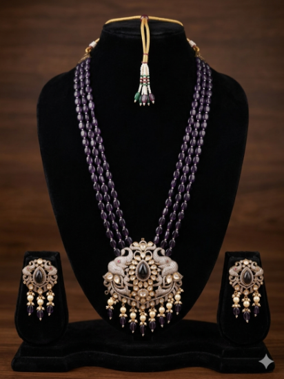 Picture of Purple Victorian 3 layer onyx beads haram with earrings 