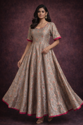 Picture of Pure Banarasi Silk Anarkali Dress – Beige & Pink – Festive Wear 