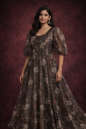 Picture of Olive Floral Organza Maxi Dress  Puff Sleeves