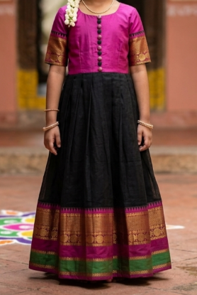 Picture of Black & Pink Narayanpet long frock for 6-8 year. 