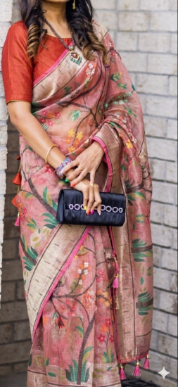 Picture of Peach color tissue Organza Saree with Zari Kota weave look With rust color bluse