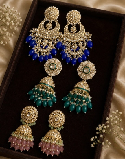Picture of Statement kundan jhumkas and earrings combo 
