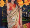 Picture of Exquisite Soft Gold & Champaine  Pink Brocade Pattu Silk Saree with Red border with Matching tissue Blouse