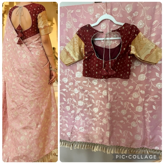 Picture of New vintage pink Banarasi silk Saree with matching maroon and gold blouse