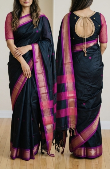 Picture of New Elegant Black and Deep Pink Striped Handloom-Style Saree with Embellished Blouse.