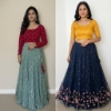 Picture of Combo: Teal blue lehenga with velvet crop top and Navy blue netted lehenga with benaras blouse