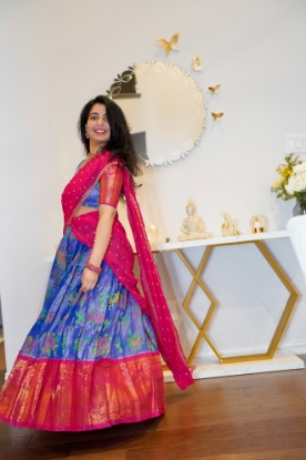 Picture of PL736 Mangalgiri tissue pattu lehenga with digital print allover and rich border.