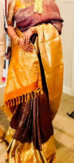 Picture of Gorgeous semi kanchi pattu royal maroon-and-gold combination  saree