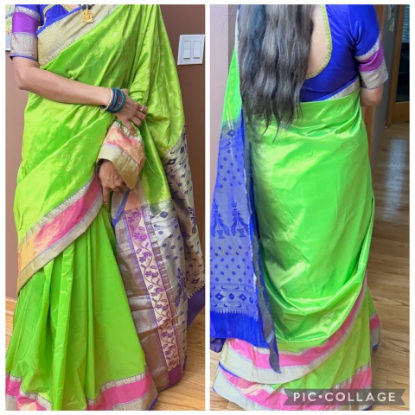 Picture of Lime Green and Purple Silk Saree with Matching Blouse