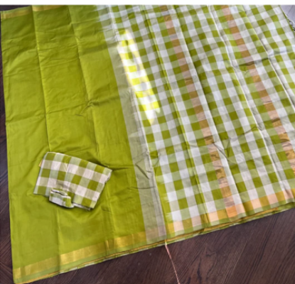 Picture of Uppada Silk Cotton - Partly Pallu saree - Cream with green checks