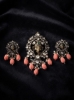 Picture of Coral Ganesha pendant with matching earrings with 4 lines black beads chain