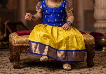 Picture of Premium Royal blue and yellow pure pattu langa 1-2Y