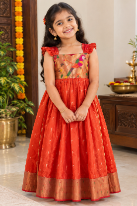 Picture of Brand new never worn Paithani frock with colorful parrot work on  yoke part
