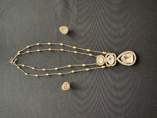 Picture of Double-layer Polki Kundan Pendant Set with a gold-beaded chain and matching stud earrings