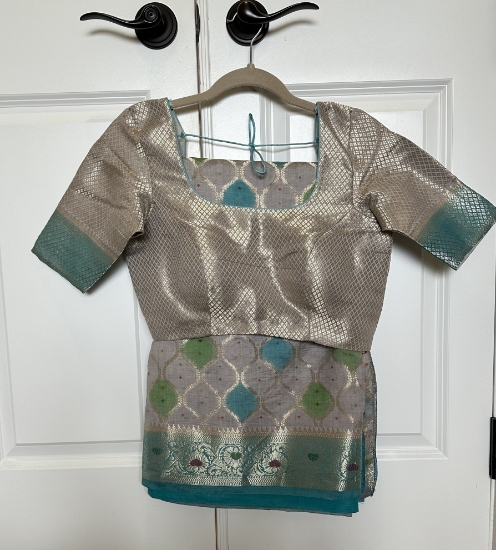 Picture of Grey/teal blue benaras rangkat style saree