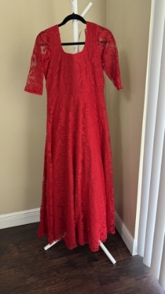 Picture of Red self embroidered frock with twirly big ghera for M-L