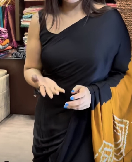 Picture of Brand new pure Gorgette black saree with yellow pure gajji  silk pallu saree with tags